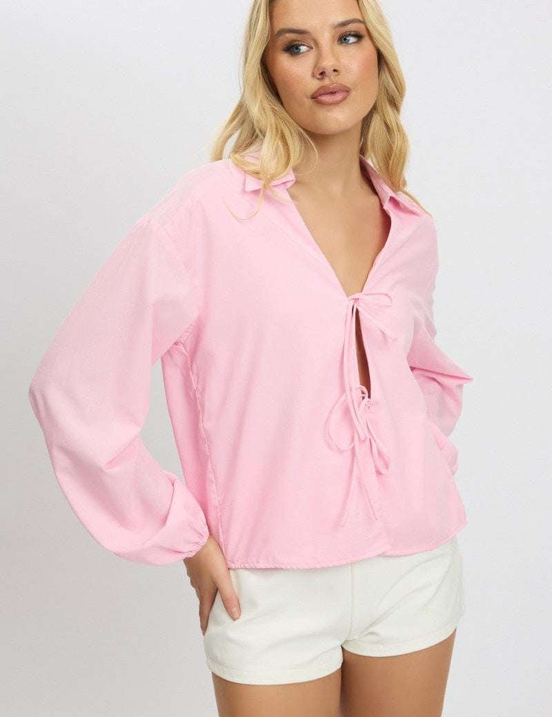 Pink Tie Up Front Top Long Sleeve - Àlainn Fashion