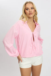 Pink Tie Up Front Top Long Sleeve - Àlainn Fashion