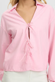 Pink Tie Up Front Top Long Sleeve - Àlainn Fashion