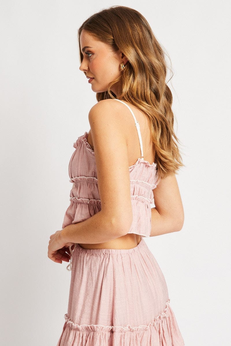 Pink Tiered Cami Top Sleeveless Front Ribbon - Àlainn Fashion