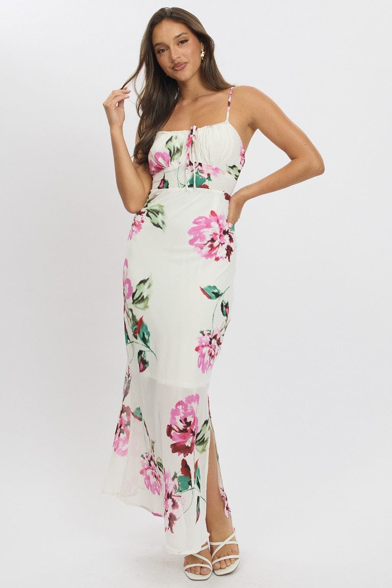 Purple Floral Midi Dress Gathering Bust Sleeveless - Àlainn Fashion