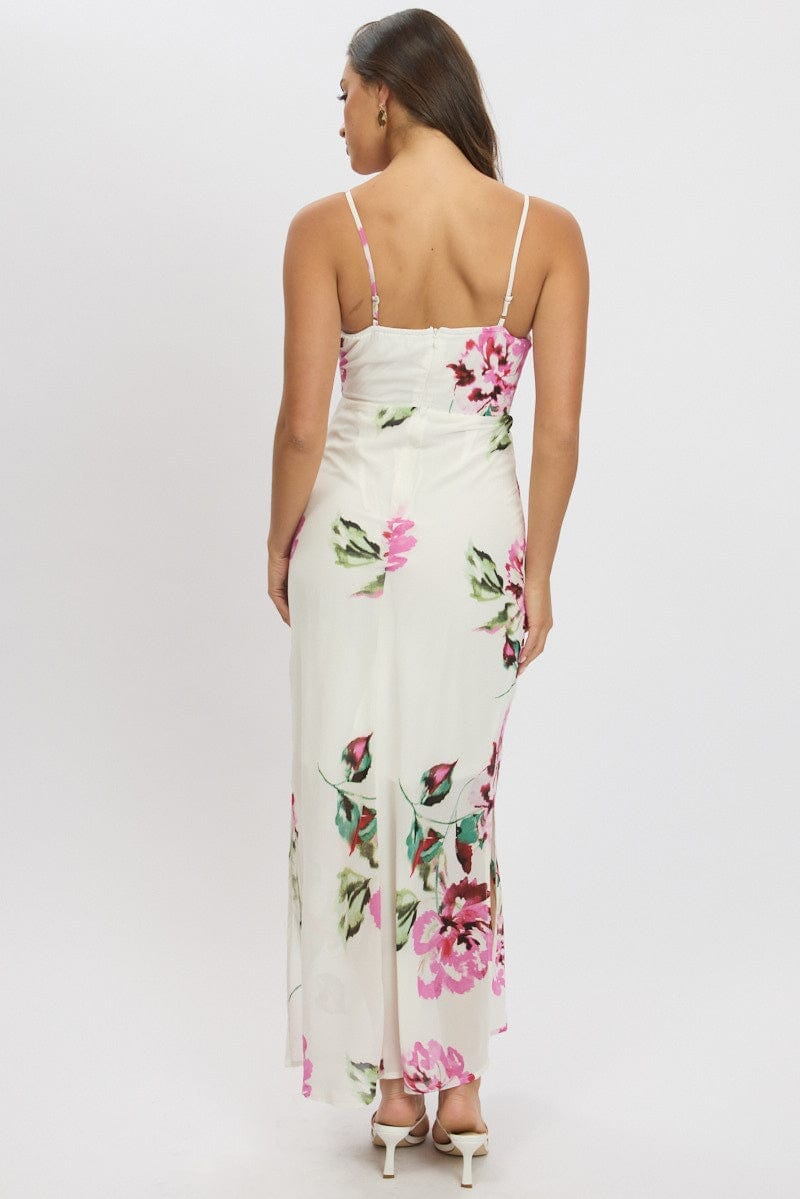 Purple Floral Midi Dress Gathering Bust Sleeveless - Àlainn Fashion