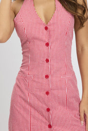 Red Check Halter Neck Dress Mini - Àlainn Fashion