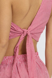 Red Check Scarf Top One Shoulder Tie Back - Àlainn Fashion