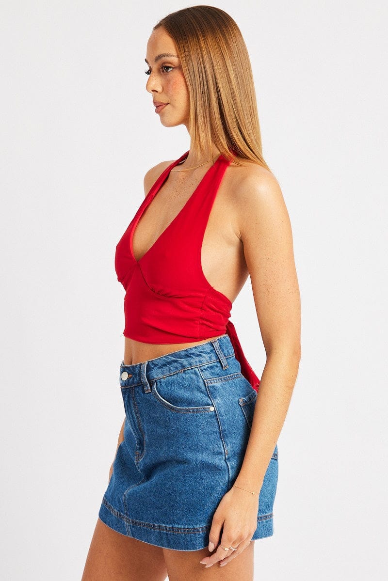 Red Halter Neck Top Tie Back Mesh - Àlainn Fashion