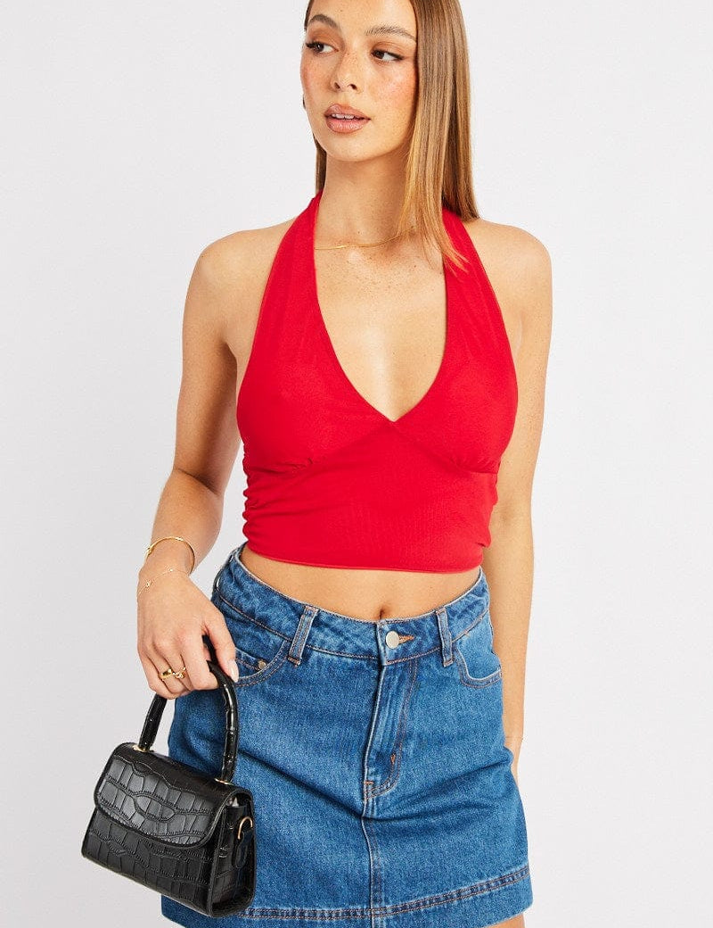 Red Halter Neck Top Tie Back Mesh - Àlainn Fashion