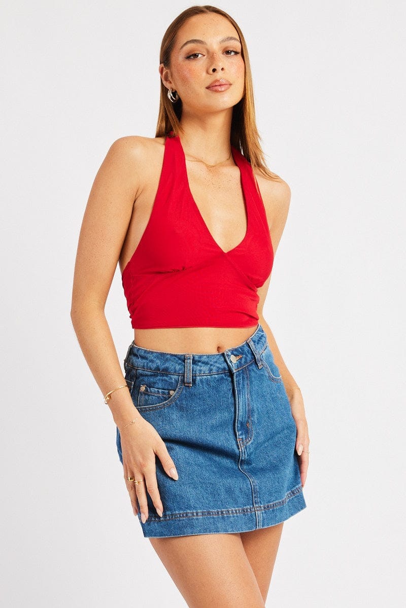 Red Halter Neck Top Tie Back Mesh - Àlainn Fashion