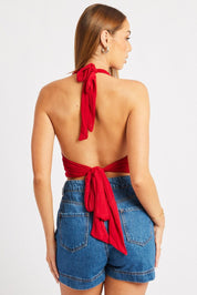 Red Halter Neck Top Tie Back Mesh - Àlainn Fashion