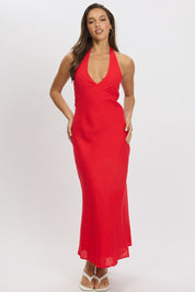 Red Midi Dress Halter Neck - Àlainn Fashion