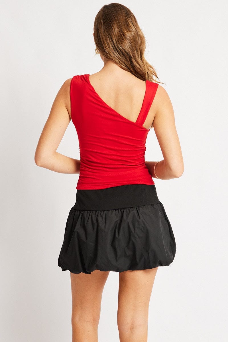 Red Sleeveless Top Asymmetrical Shoulder Straps - Àlainn Fashion