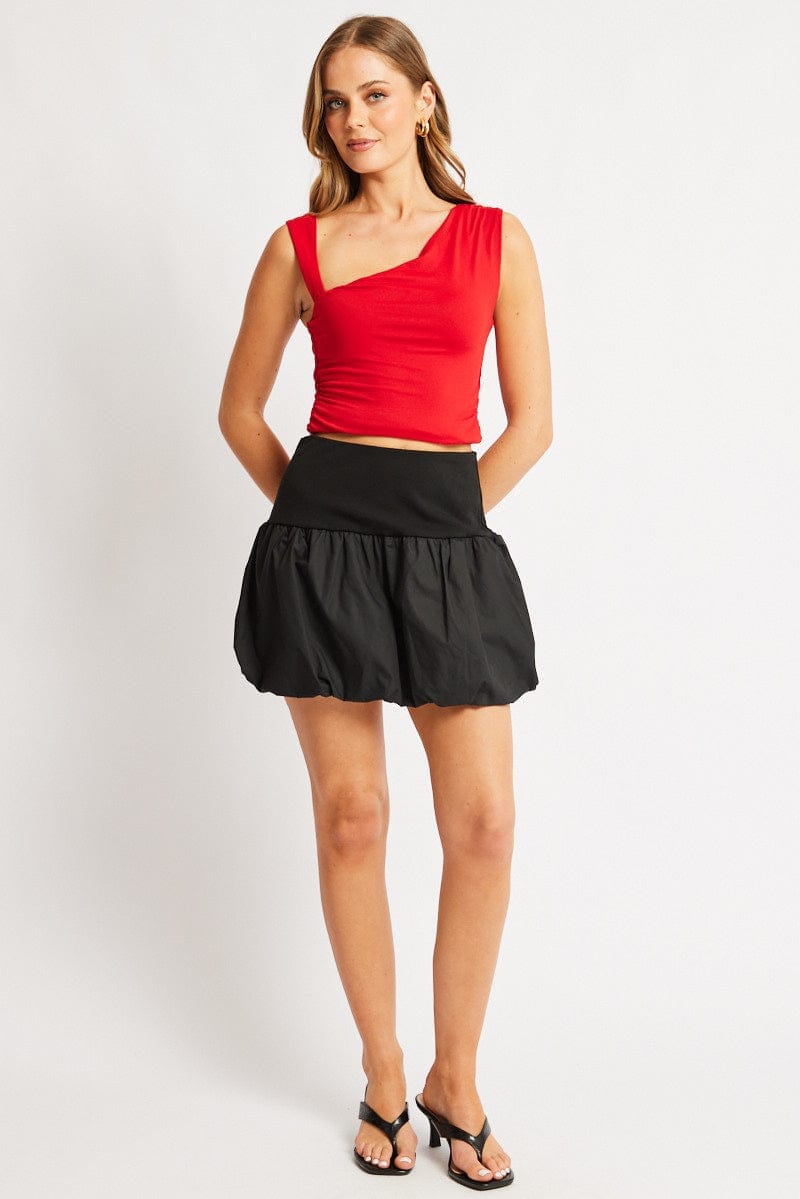 Red Sleeveless Top Asymmetrical Shoulder Straps - Àlainn Fashion