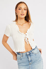 White Crochet Cardigan Short Sleeve Tie Up - Àlainn Fashion