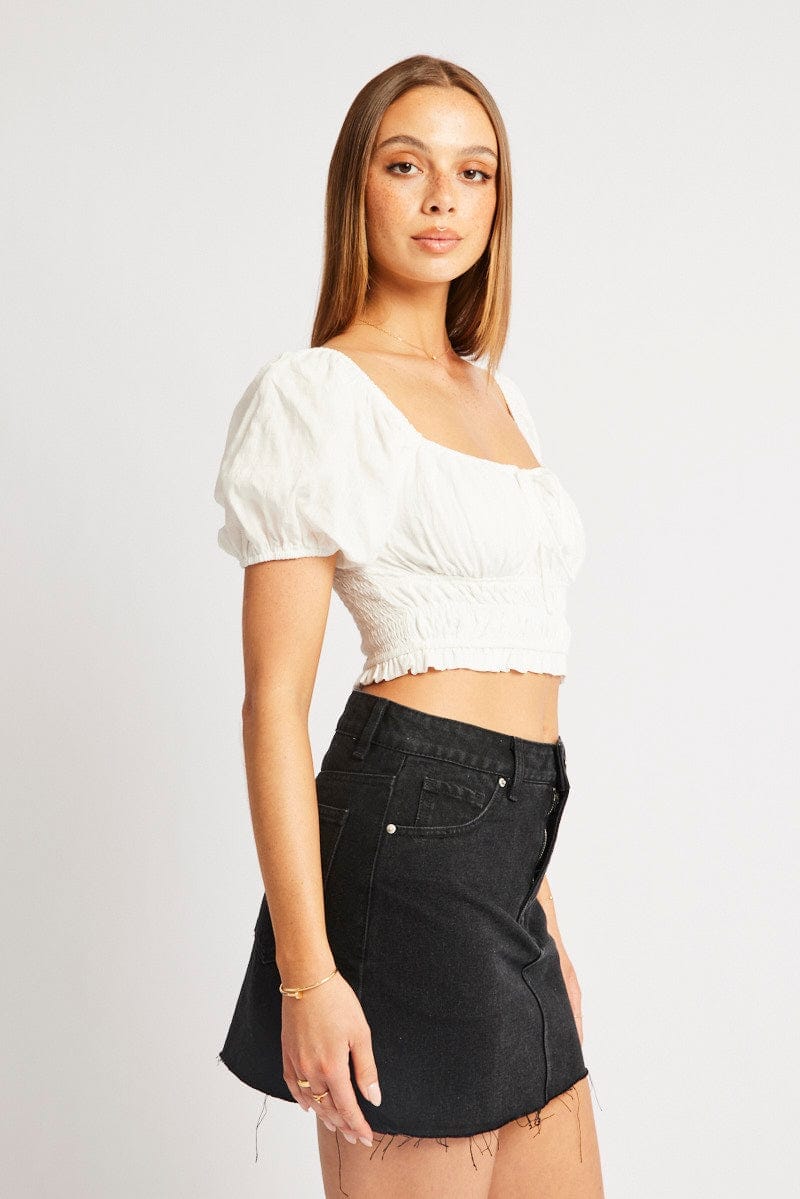 White Crop Top Short Sleeve Shirred Waist - Àlainn Fashion