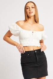 White Crop Top Short Sleeve Shirred Waist - Àlainn Fashion