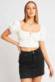 White Crop Top Short Sleeve Shirred Waist - Àlainn Fashion