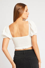 White Crop Top Short Sleeve Shirred Waist - Àlainn Fashion