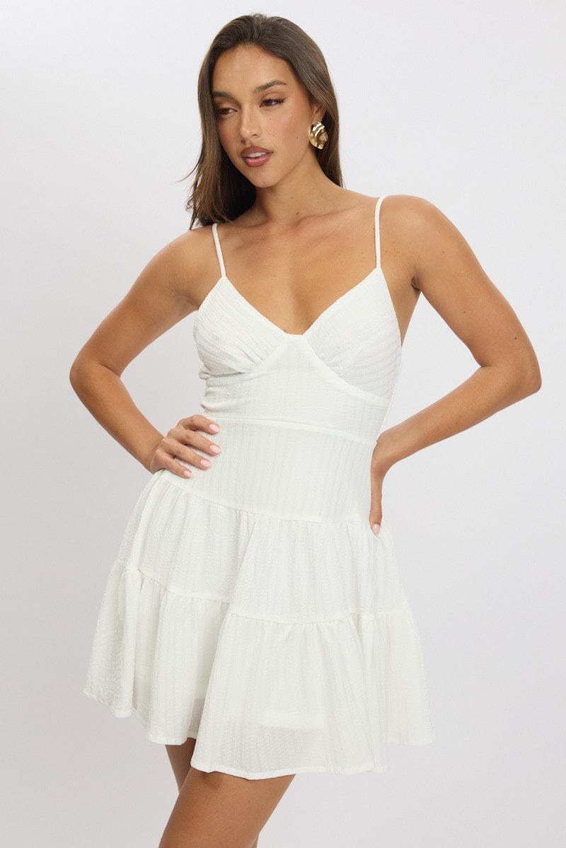 White Fit And Flare Dress Mini Textured Fabric - Àlainn Fashion