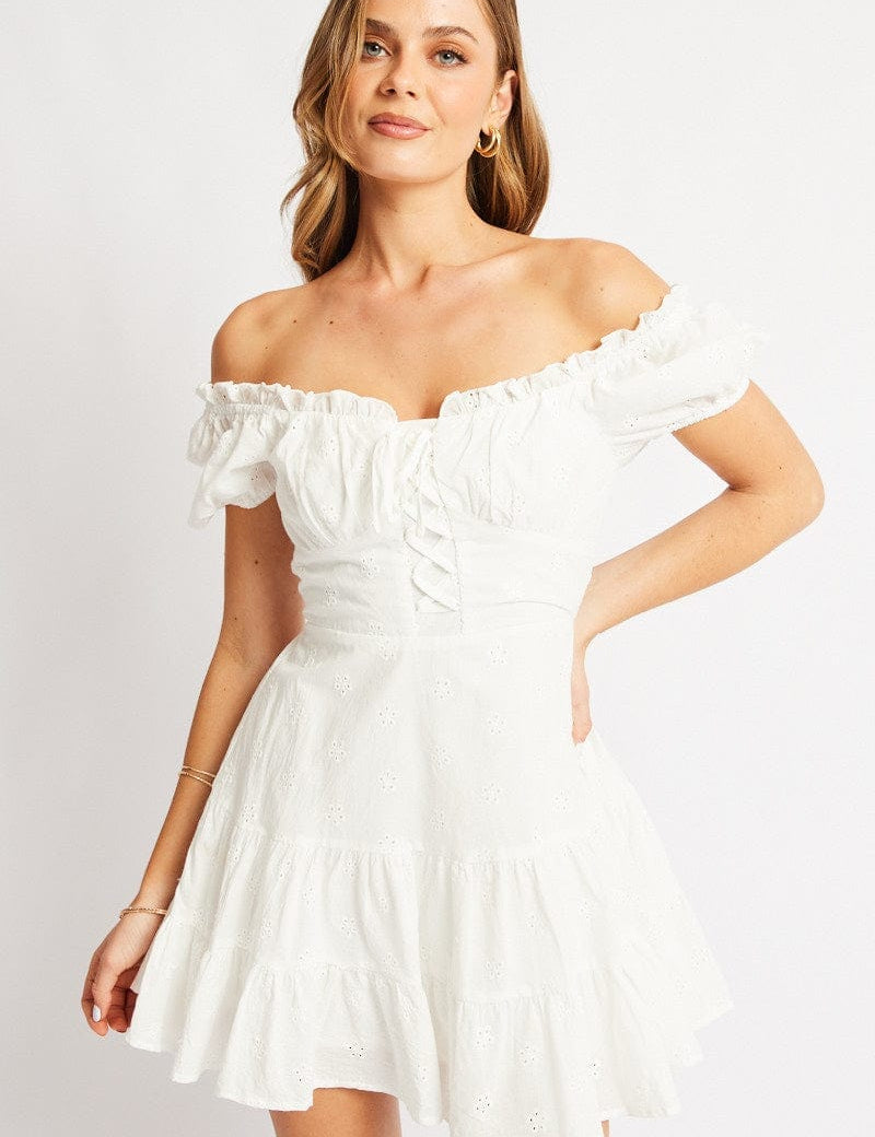 White Fit And Flare Dress Short Sleeve Eyelet Fabric - Àlainn Fashion