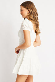 White Fit And Flare Dress Short Sleeve Eyelet Fabric - Àlainn Fashion