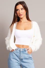 White Fluffy Knit Cardigan Long Sleeve V Neck - Àlainn Fashion