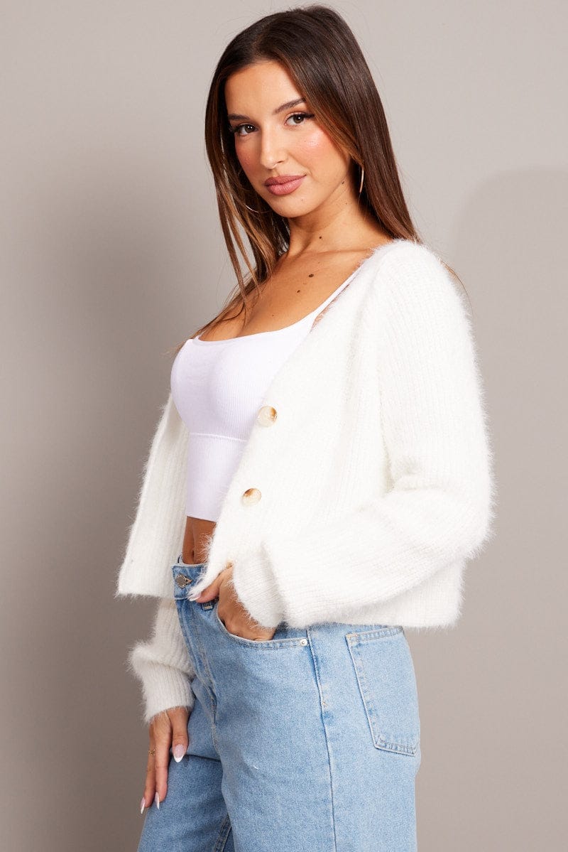 White Fluffy Knit Cardigan Long Sleeve V Neck - Àlainn Fashion