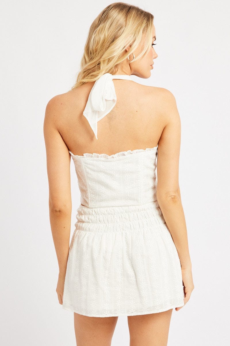 White Halter Crop Top Sleeveless Eyelet - Àlainn Fashion