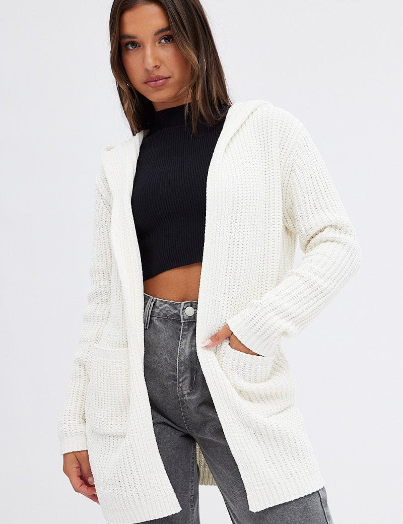 White Knit Cardigan Hooded Chenille - Àlainn Fashion