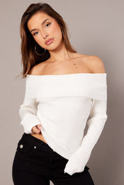 White Knit Top Long Sleeve Off Shoulder - Àlainn Fashion