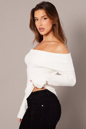 White Knit Top Long Sleeve Off Shoulder - Àlainn Fashion