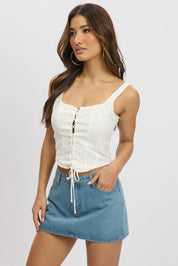 White Lace Up Top Sleeveless Eyelet - Àlainn Fashion