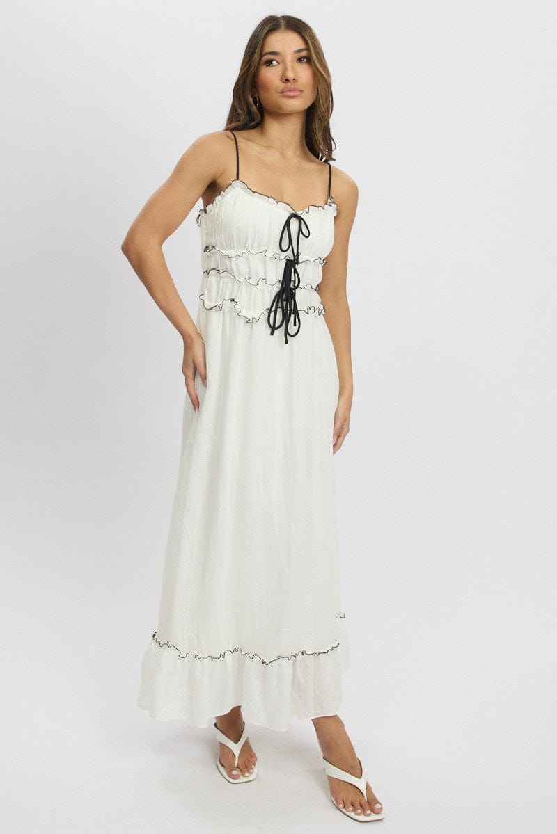 White Midi Dress Contrast Tie - Àlainn Fashion