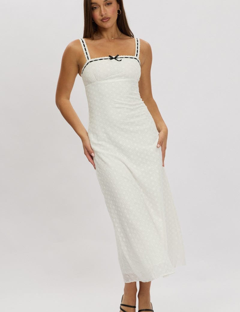 White Midi Dress Lace trim SleevelessEyelet Fabric - Àlainn Fashion