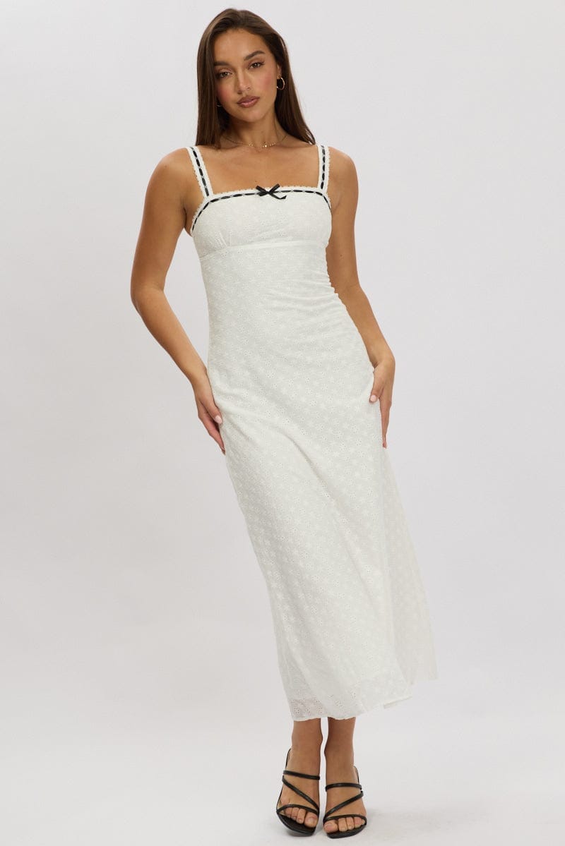 White Midi Dress Lace trim SleevelessEyelet Fabric - Àlainn Fashion