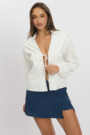 White Tie Up Front Top Long Sleeve - Àlainn Fashion