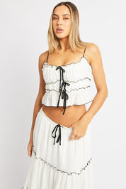 White Tiered Cami Top Sleeveless Front Ribbon - Àlainn Fashion