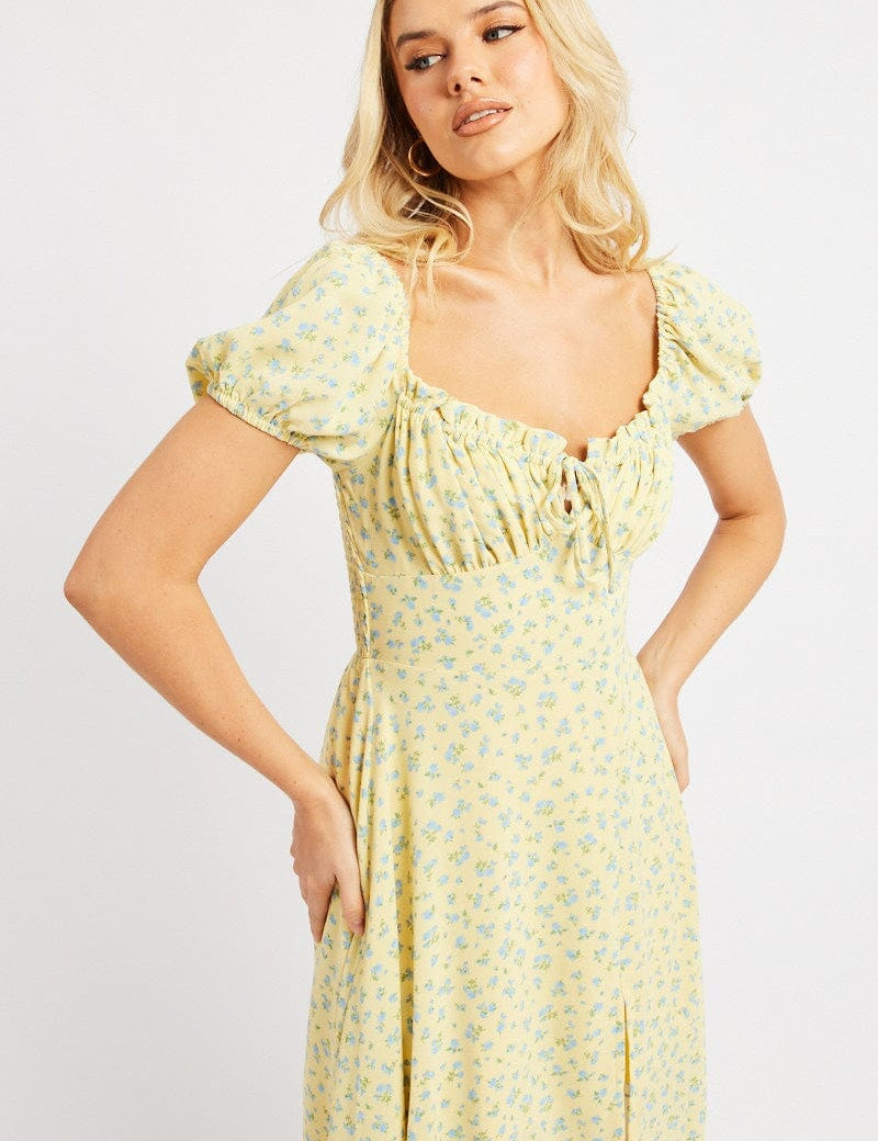 Yellow Ditsy Midi Dress Puff Sleeve - Àlainn Fashion