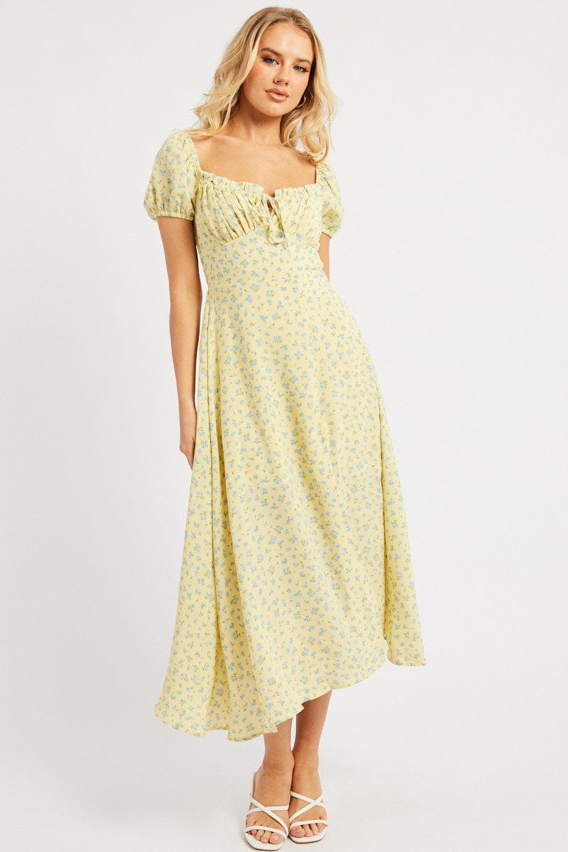 Yellow Ditsy Midi Dress Puff Sleeve - Àlainn Fashion