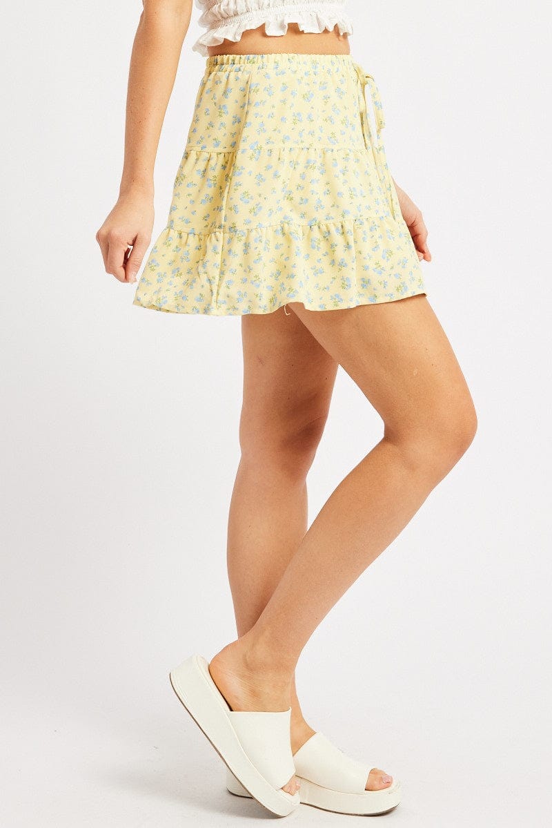 Yellow Ditsy Skater Skirt High Rise Tiered Mini Lined - Àlainn Fashion