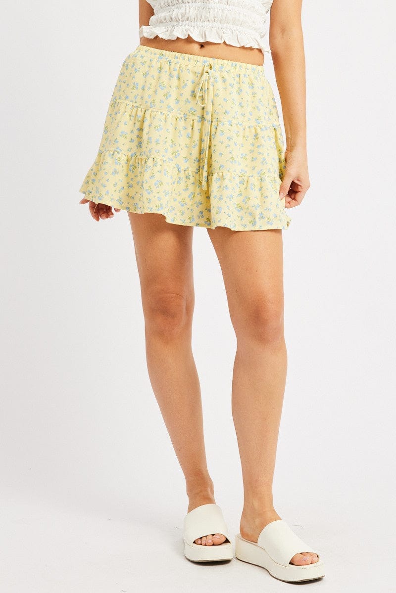 Yellow Ditsy Skater Skirt High Rise Tiered Mini Lined - Àlainn Fashion