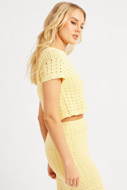 Yellow Knit Top Short Sleeve Crew Neck - Àlainn Fashion