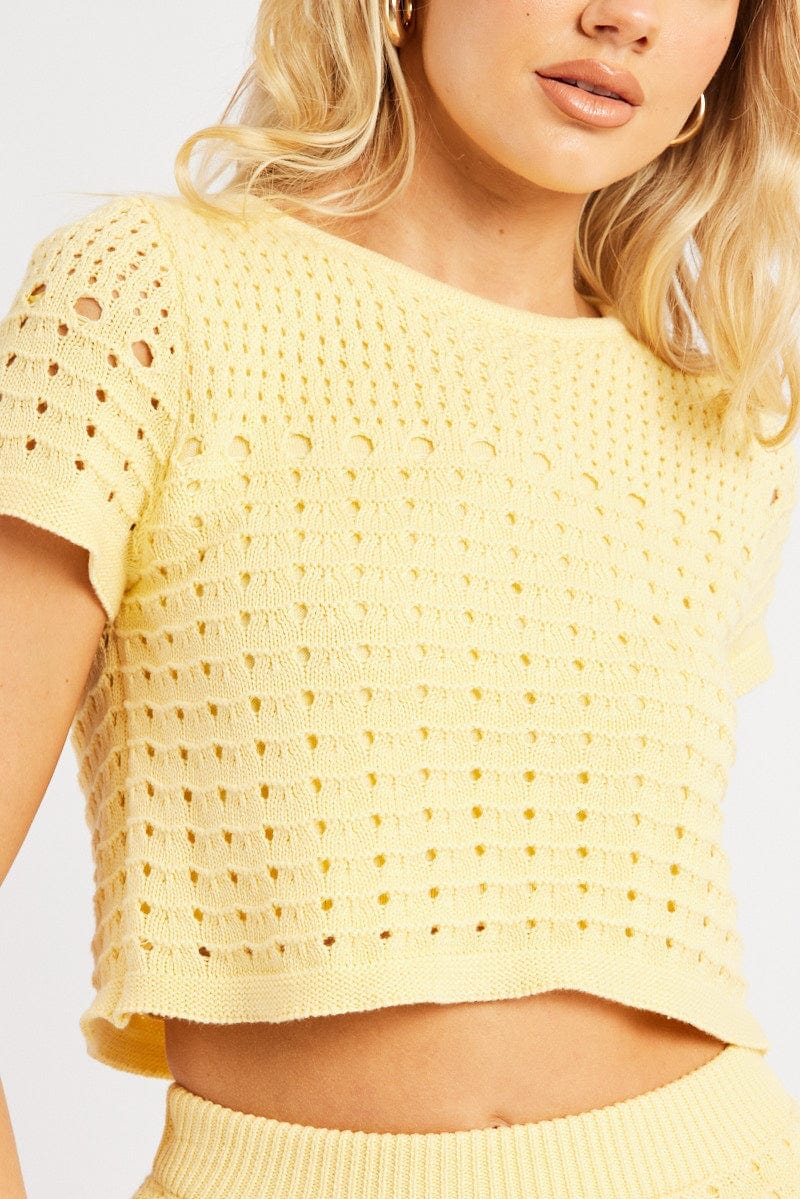 Yellow Knit Top Short Sleeve Crew Neck - Àlainn Fashion