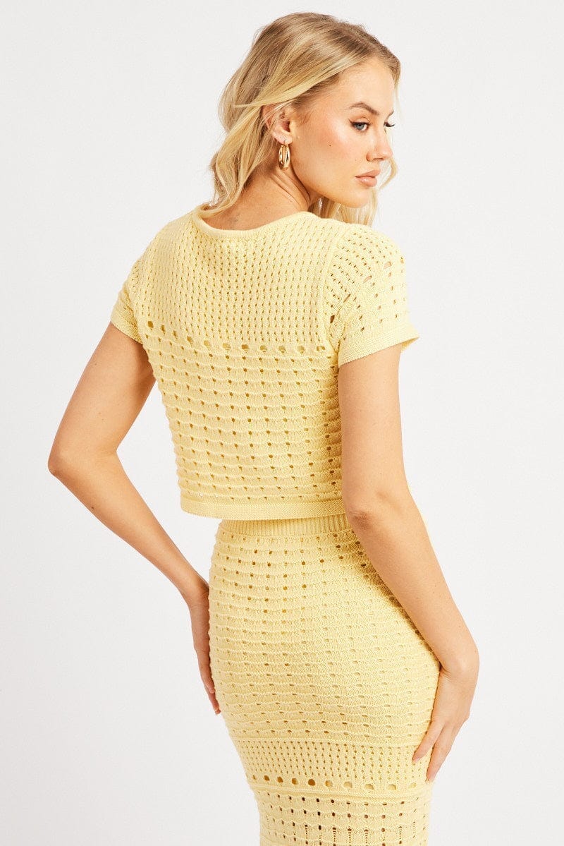 Yellow Knit Top Short Sleeve Crew Neck - Àlainn Fashion